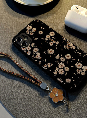 适用华为p50pro mate60pro手机壳mate40 80pro+20pro硅胶p60 p40皮纹全包防摔保护套女挂绳黑底白色小雏菊女