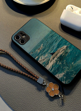 适用小米红米note13 12pro 11t/11/10手机壳硅胶创意note14 pro皮纹全包防摔软保护套女挂绳新款海豚蓝色海洋