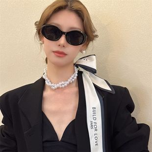 韩版 复古春夏珍珠项链丝巾女锁骨链丝带 装 饰绑发带小领巾飘带法式