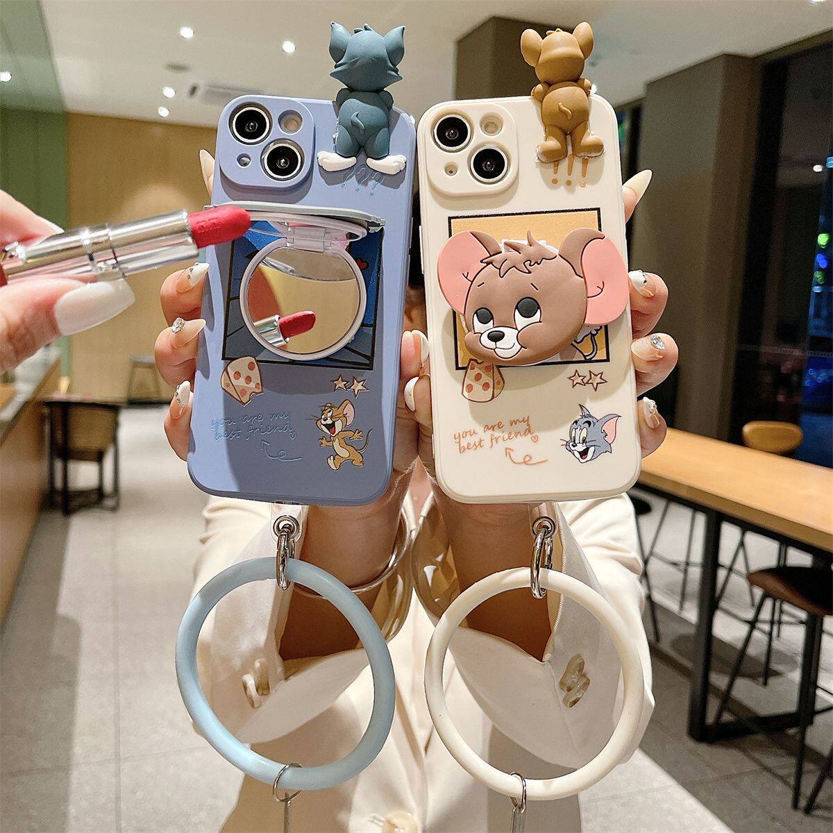 适用于苹果15手机壳女新款14Plus猫和老鼠i13卡通汤姆猫12mini带手环i11芝士杰瑞鼠se2全包7p防摔6sp潮保护套