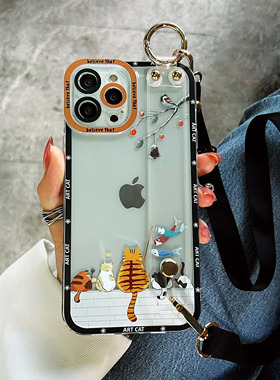 适用于小米13手机壳女新款透明腕带miui13pro卡通可爱小猫斜挎背带13lite带挂绳挂脖IM全包防摔软硅胶保护套