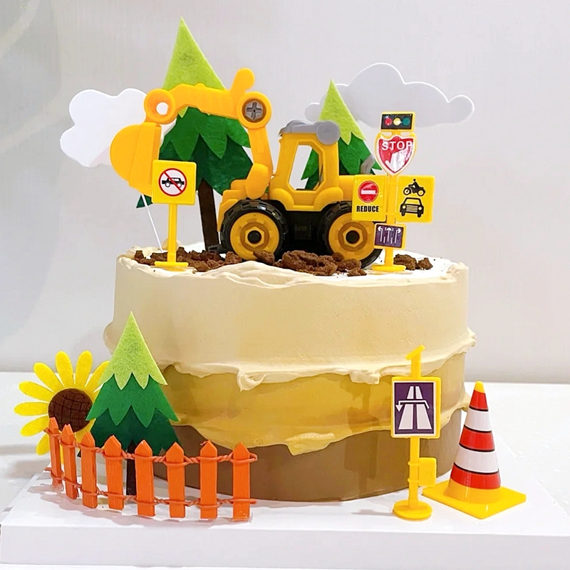 挖掘机推土机儿童生日蛋糕装饰