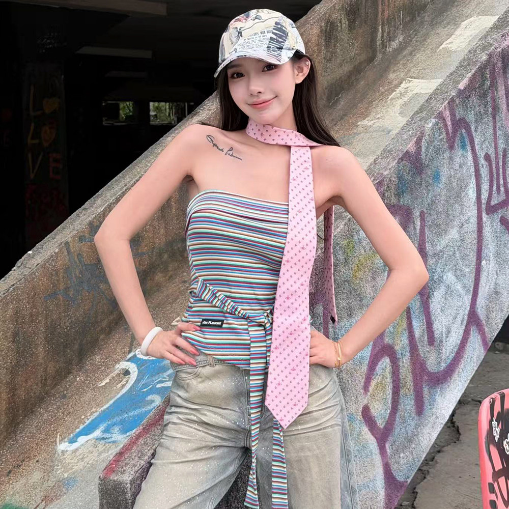 全球购JAC FLEURANT2026春夏新品彩虹色条纹绑带打结抹胸上衣百搭