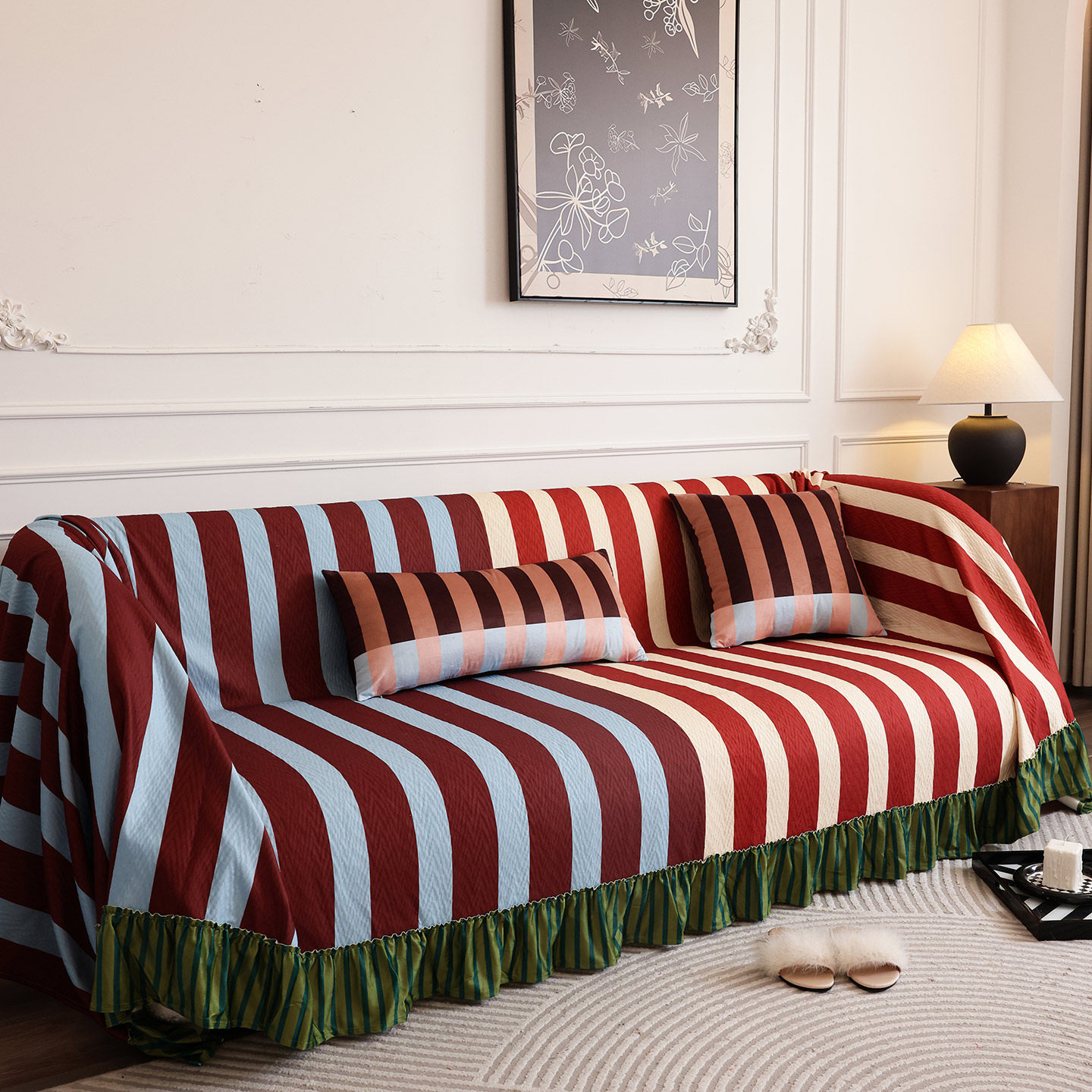 枕西湖美式复古条纹沙发套全包防尘坐垫罩中古风客厅家居布艺盖巾,居家布艺,沙发套,淘宝优惠券,粉丝福利购,淘宝优惠卷