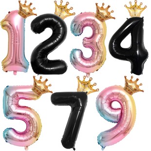 饰 黑色皇冠数字气球女孩男孩周岁生日布置客厅背景墙派对场景装