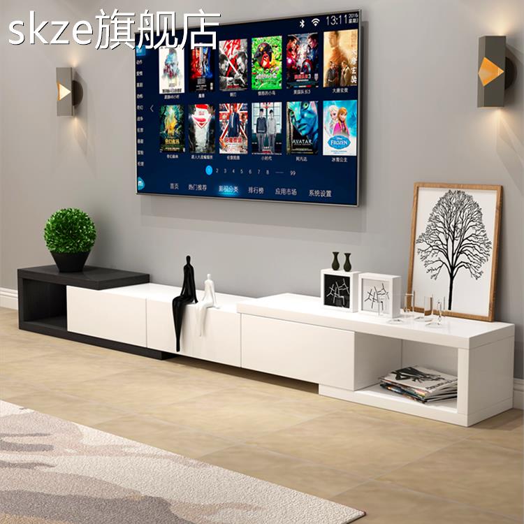 skze简约现代北欧风格2025新款家用组合电视柜茶几伸缩暖白加黑色 北欧风格箱框结构家具 2025新款家摆件饰品