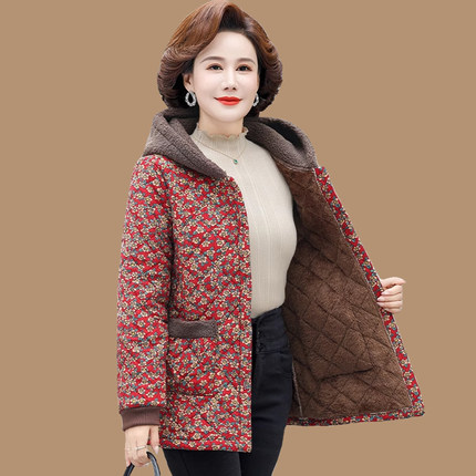 妈妈秋冬新款短款格子棉衣女加厚加绒保暖棉服羊羔毛连帽棉袄外套
