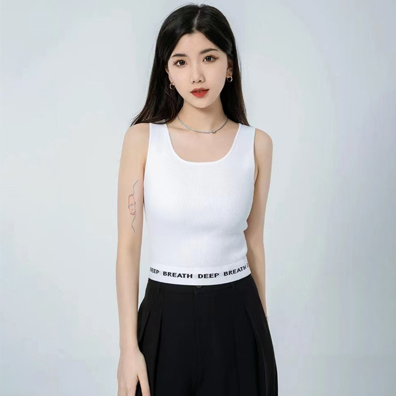 商场同款欧阿玛施女装2023夏季新款百搭字母收腰短款冰丝针织背心