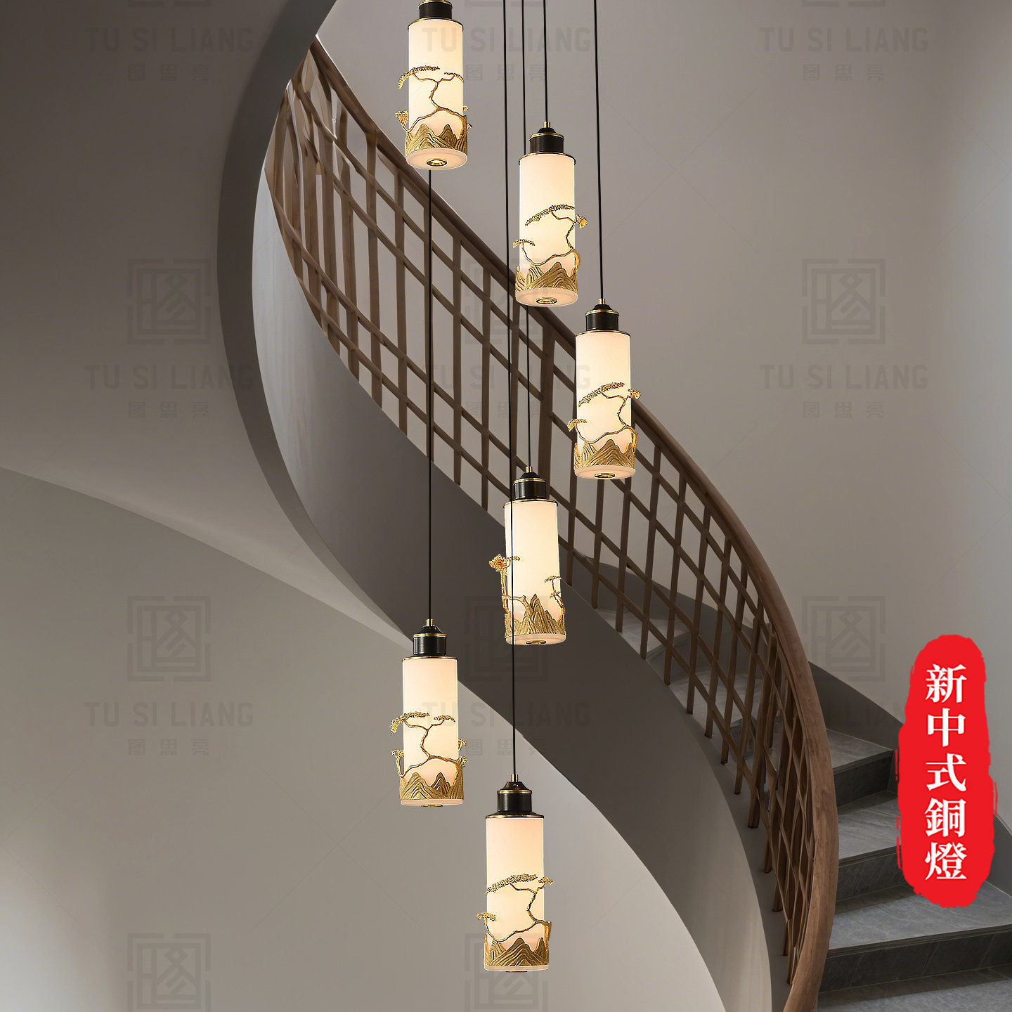 楼梯井口吊灯新中式全铜设计师款楼梯间灯具别墅覆式楼旋转长吊灯