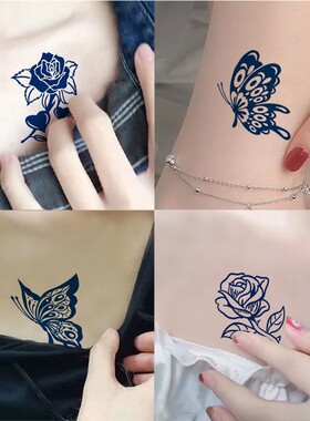 纹身贴草本半永久果汁花朵蝴蝶贴防水女锁骨手臂遮疤痕洗不掉持久