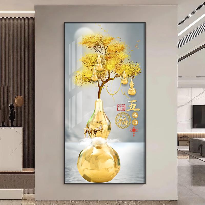 新中式五福临门入户玄关装饰画走廊过道挂画轻奢大气麋鹿客厅壁画