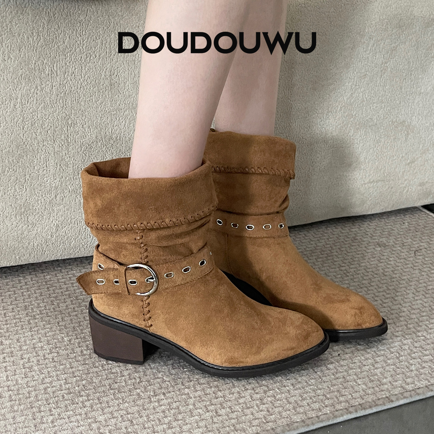 豆豆屋马丁靴女鞋2025秋季新款韩版潮休闲一脚蹬粗跟百搭短筒短靴