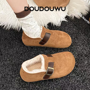 豆豆屋女鞋2025新款皮带扣潮流休闲浅口中跟一脚蹬勃肯鞋