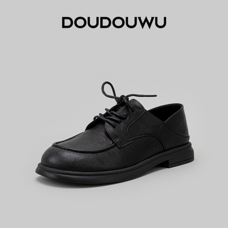 豆豆屋厚底乐福鞋女2024秋季新款韩版潮英伦风系带平底黑色女单鞋,女鞋,乐福鞋（豆豆鞋）,淘宝优惠券,粉丝福利购,淘宝优惠卷