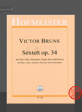 布鲁斯 六重奏 op34 长笛双簧管单簧管大管圆号钢琴 霍夫曼斯特原版乐谱书 Victor Bruns Sextett FH3580
