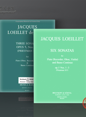 洛伊莱特 六首奏鸣曲 Op5 长笛与低音通奏 全套共一至二卷 德国大熊原版乐谱书 Loeillet Jacques 6 Sonatas Flute Basso Continu