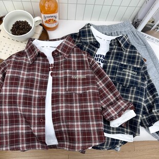 男童春装长袖衬衫2025新款儿童洋气时髦格子薄款衬衣男孩春秋上衣
