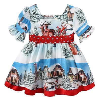 girls kids christmas dress baby bow Y2K print elk frock year