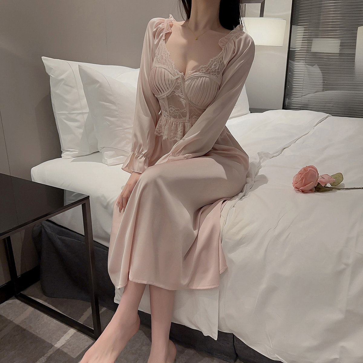 法式蕾丝长袖睡裙女士高级感夏季