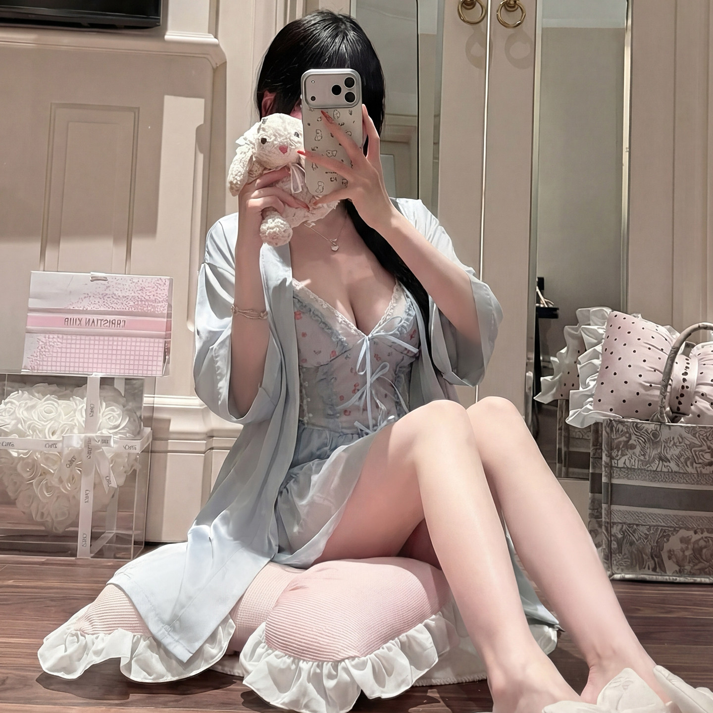 睡衣女纯欲雾蓝色冰丝