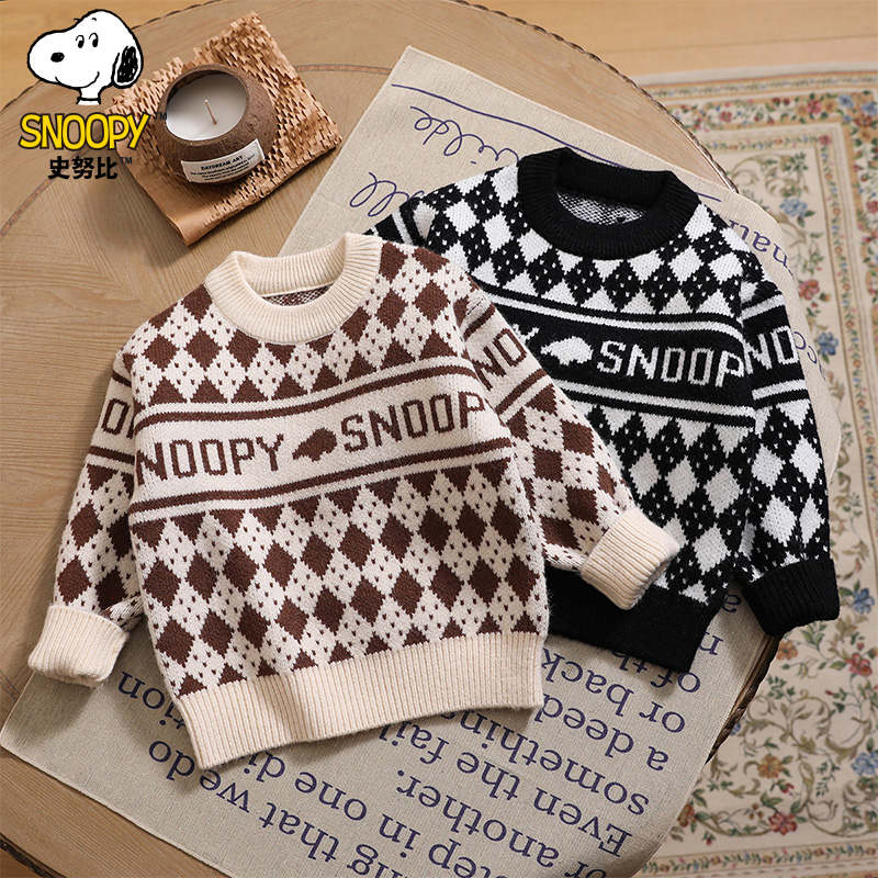 史努比儿童春秋韩版格子毛衣套头加厚款保暖针织衫DTY238220