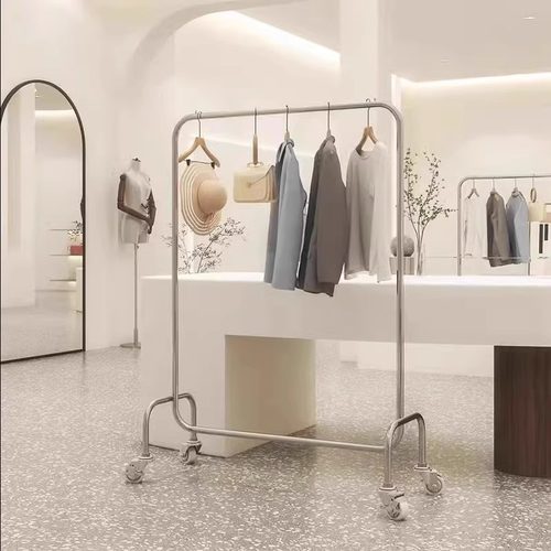 服装店展示架女装店不锈钢货架衣服架子落地式移动挂衣杆银色带轮