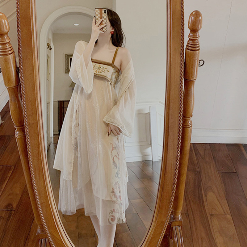 汉服女春装2022年新款广袖流仙裙吊带套装国风小个子改良版连衣裙