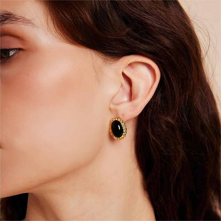 s925银镀金螺纹边镶天然黑玛瑙