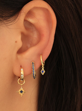 ana luisa欧美s925银复古蓝宝石星星耳坠女个性时尚耳环镶钻耳圈