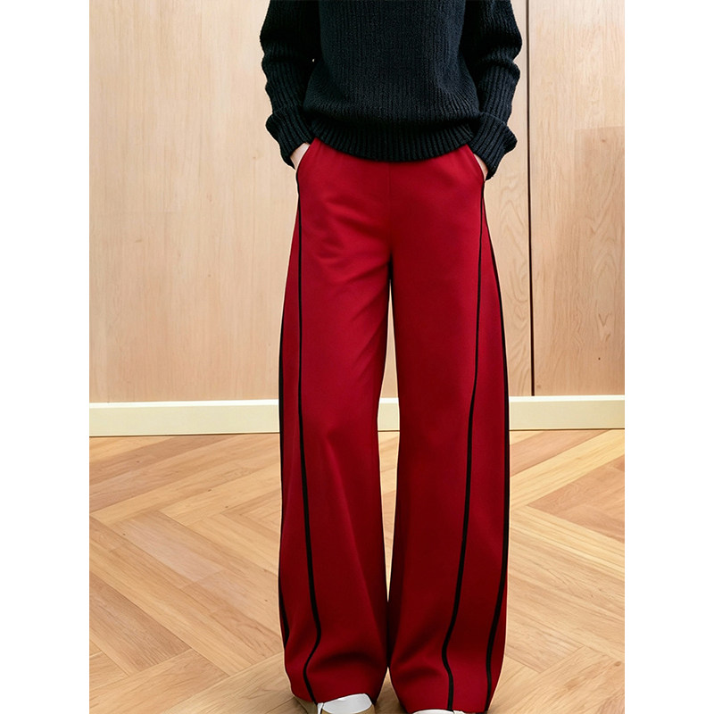 2025冬季运动休闲风高腰阔腿裤女红色撞色边条直筒百搭显瘦弯刀裤,女装/女士精品,休闲裤,淘宝优惠券,粉丝福利购,淘宝优惠卷
