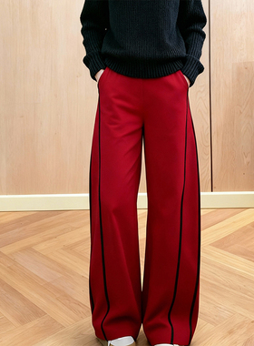 2025冬季运动休闲风高腰阔腿裤女红色撞色边条直筒百搭显瘦弯刀裤
