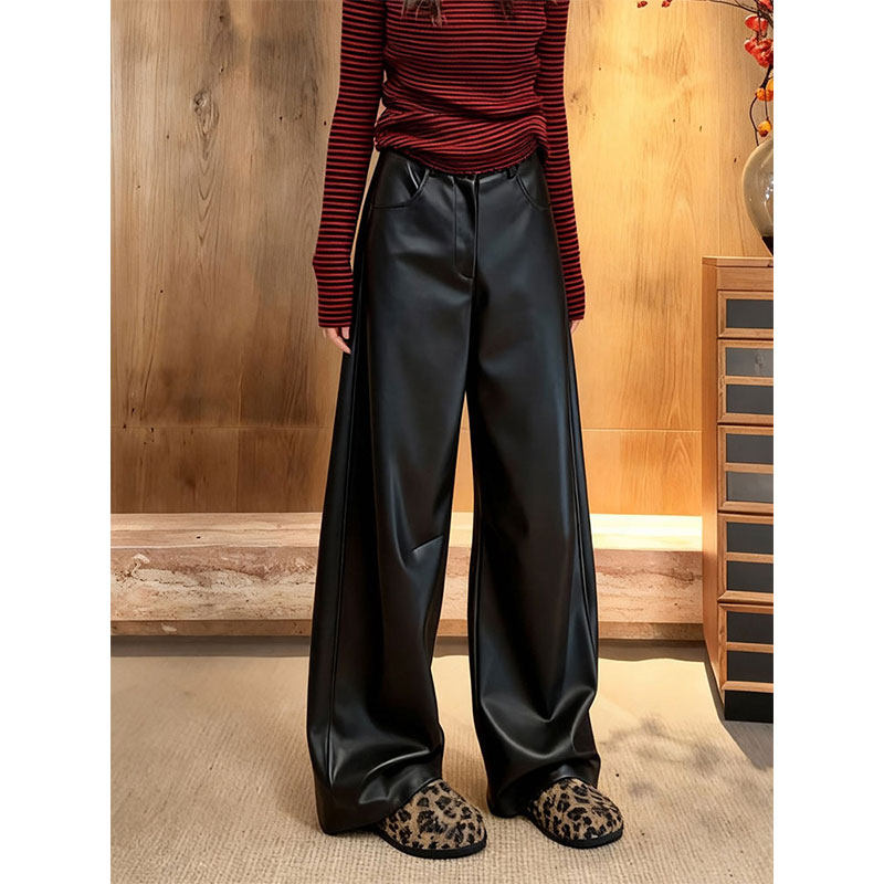 极简风黑色高腰阔腿皮裤女2026早春气质显瘦百搭通勤休闲拖地长裤,女装/女士精品,休闲裤,淘宝优惠券,粉丝福利购,淘宝优惠卷