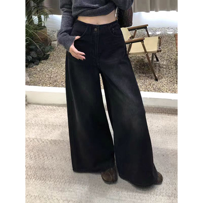 梨型身材复古高腰阔腿牛仔裤女