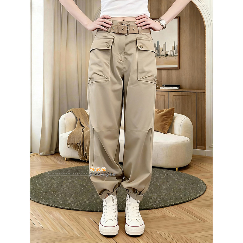 工装风卡其色多口袋阔腿裤女2026春季高腰百搭宽松显瘦休闲弯刀裤,女装/女士精品,休闲裤,淘宝优惠券,粉丝福利购,淘宝优惠卷
