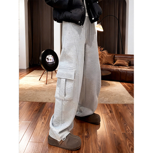 工装风减龄百搭灰色阔腿裤女2026新款宽松显瘦多口袋休闲弯刀长裤