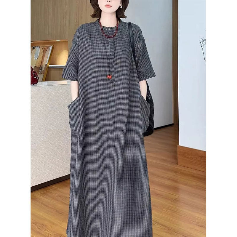 复古格纹连衣裙女2026夏季新款松弛感廓形设计宽松显瘦简约百搭裙