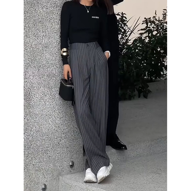 老钱风气质条纹高腰直筒西装裤女