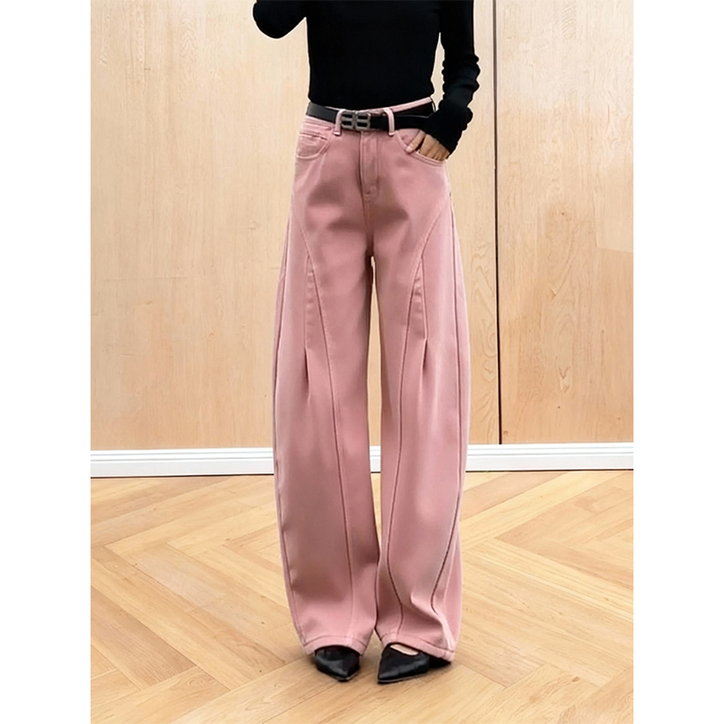 加绒加厚粉色时尚弯刀牛仔裤女