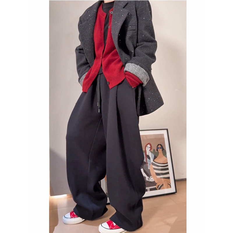 秋冬松紧腰掐褶设计阔腿运动卫裤