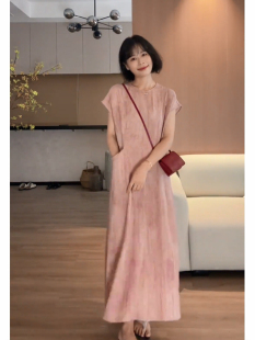 巨好看粉色扎染高级感连衣裙女2026春季 女神范显瘦遮肉中长裙 新款