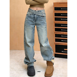 宽松显瘦百搭复古裤 大码 新款 女2055冬季 加绒加厚设计感阔腿牛仔裤