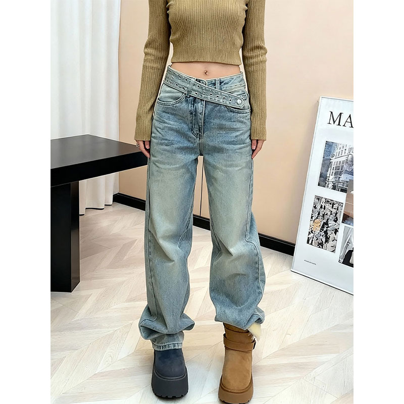 高腰阔腿牛仔裤女宽松显瘦