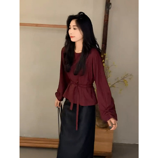 2025春季爆款红色衬衫女简约高级感安可拉红系带收腰绝美气质上衣