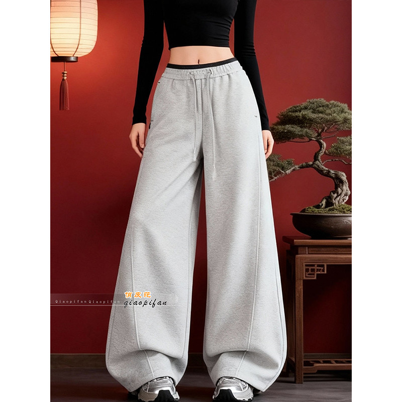 加绒极简灰色抽绳垂感高腰阔腿裤女2026春季新款显瘦休闲裤拖地裤,女装/女士精品,休闲裤,淘宝优惠券,粉丝福利购,淘宝优惠卷