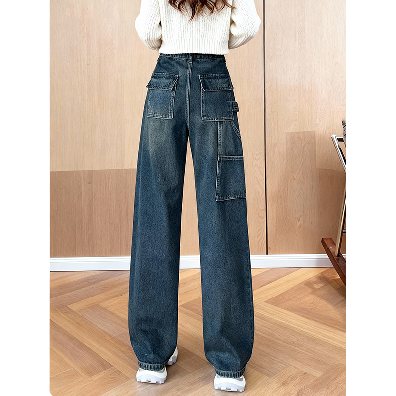 加绒加厚口袋复古蓝工装牛仔裤女2025冬季新款休闲时尚百搭显瘦