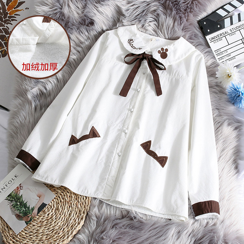 2021新款孕妇冬装可爱系带娃娃领加绒纽扣衬衫孕妈保暖舒适内搭