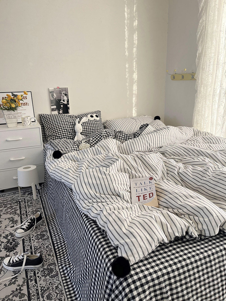 卡诗妮韩式黑色条纹格子床上四件套纯棉水洗棉床单被套学生三件套