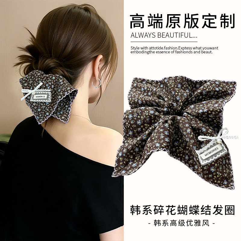 碎花蝴蝶结方巾发圈~高级感头花