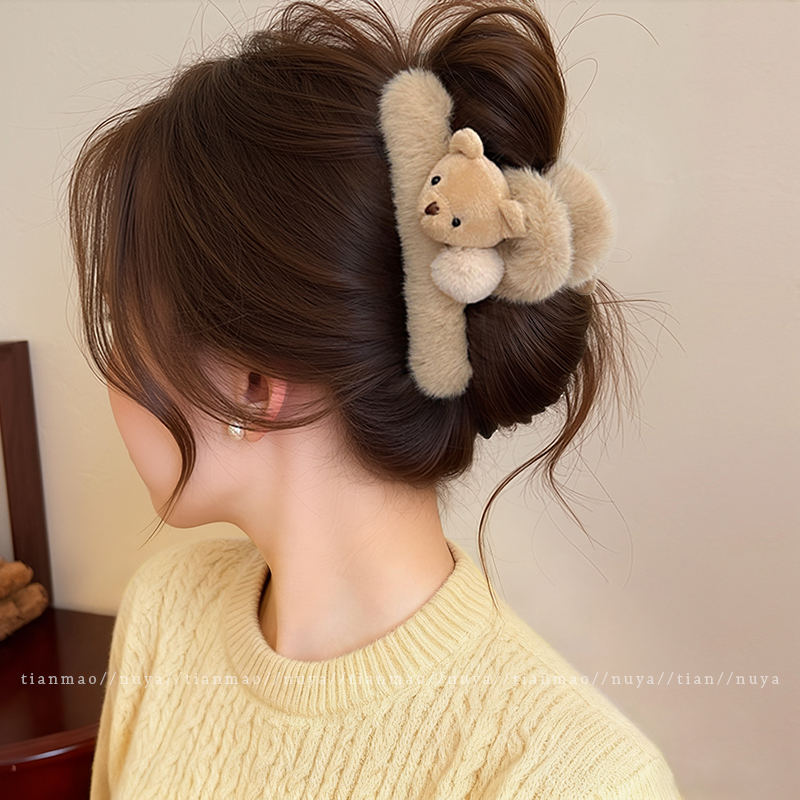 可爱毛绒小熊抓夹女高级感