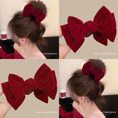 新年喜庆红色蝴蝶结抓夹女高级感